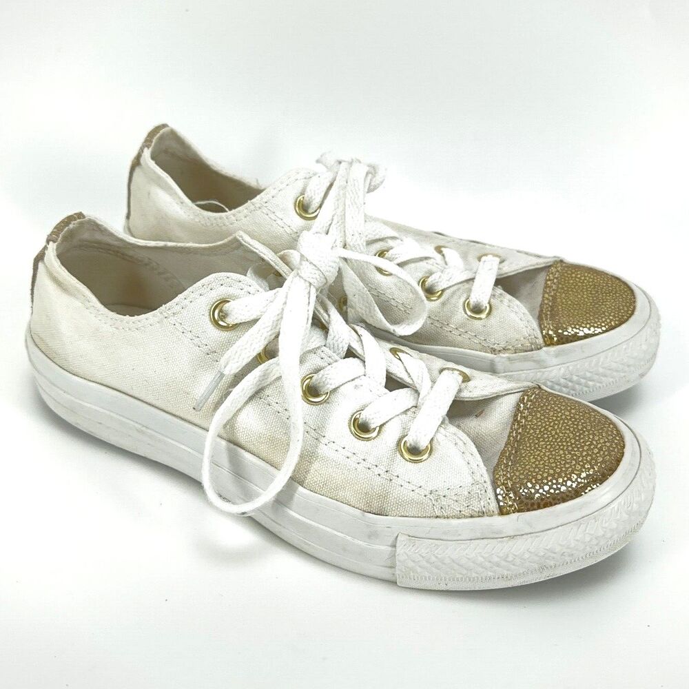 Womens Converse All Star Shoes Off White Low Tops Gold Metallic Bling Toe Size 6